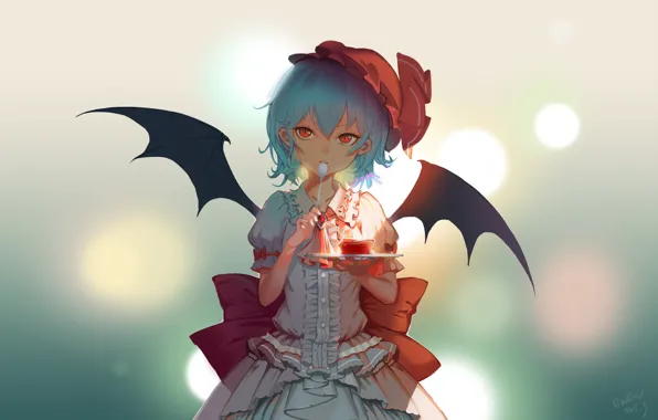 Picture wings, dress, spoon, red eyes, touhou, takes, art, blue background, ruffles, pudding, Touhou Project, Remilia …