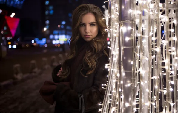 Picture look, snowflakes, night, lights, glare, model, portrait, makeup, hairstyle, coat, brown hair, beauty, garland, bokeh, …