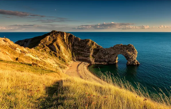 Picture grass, beach, sky, sea, landscape, nature, water, clouds, rocks, sand, England, Dorset, arch, Cliff, Durdle …