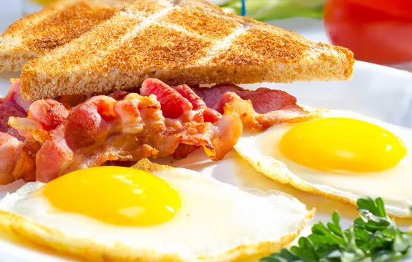 Picture Breakfast, scrambled eggs, bacon, toast, breakfast