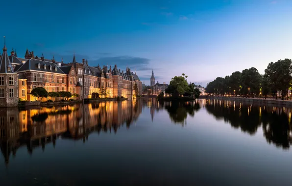 Picture trees, lake, pond, reflection, building, Netherlands, Netherlands, The Hague, The Hague, Binnenhof, Binnenhof, Lake Hofvijver, …