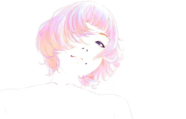 Picture face, haircut, white background, shoulders, bangs, pink hair, portrait of a girl, Ilya Kuvshinov
