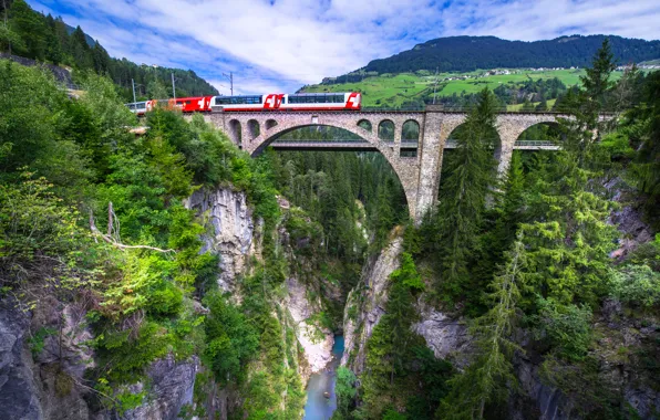 Picture bridge, river, rocks, train, Switzerland, canyon, Switzerland, viaduct, Grisons, Graubünden, Solis Viaduct, Viaduct Solis, Albula …