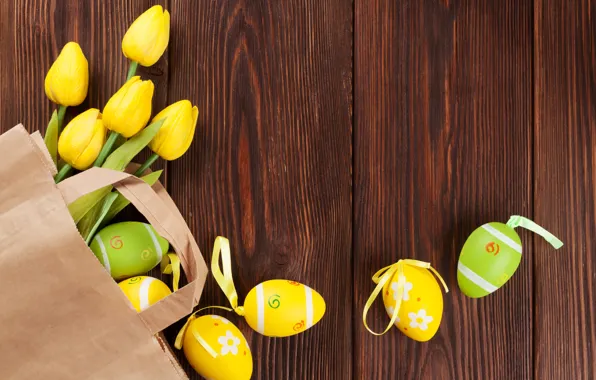 Picture Easter, tulips, yellow, wood, tulips, spring, Easter, eggs, decoration, Happy, tender