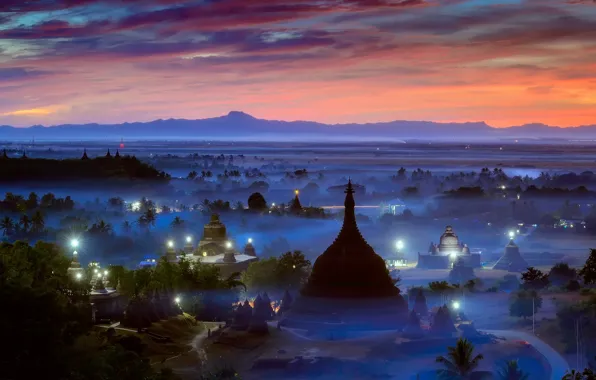 Picture lights, fog, the evening, morning, haze, Burma, temples