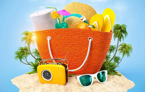 Picture summer, the sun, tropics, figure, hat, camera, glasses, cocktail, bag, hat, bag, Tropics
