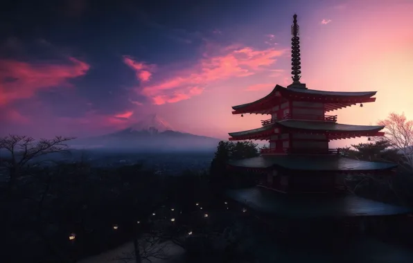 Picture light, lamp, the evening, morning, Japan, pagoda, mount Fuji