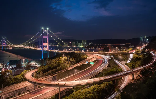 Picture bridge, China, road, Hong Kong, China, night city, Hong Kong, Tsing Ma Bridge, Bridge Tsing …