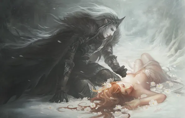 Picture girl, flowers, elf, sleep, armor, red, cloak, the black knight