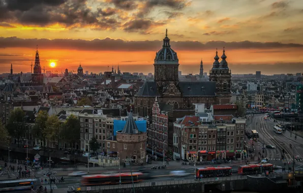 Picture road, sunset, machine, building, home, Amsterdam, Netherlands, buses, Amsterdam, Netherlands