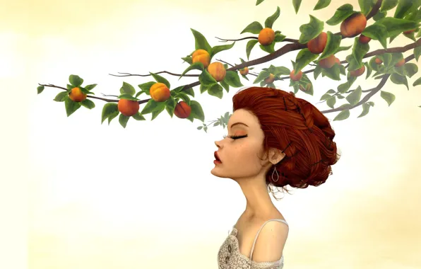 Picture girl, branch, garden, peaches, Jason Knight, Last Morning of Spring