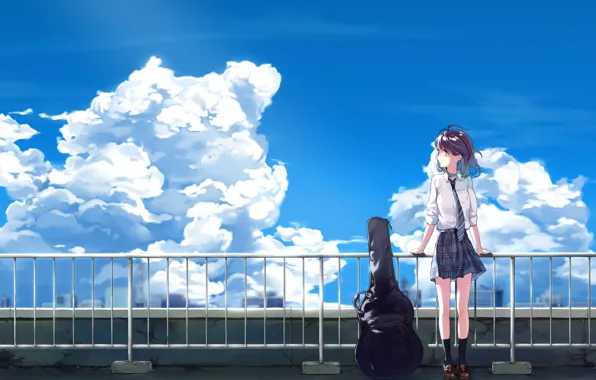 Picture the sky, girl, clouds, guitar, anime, art, tie, form, schoolgirl
