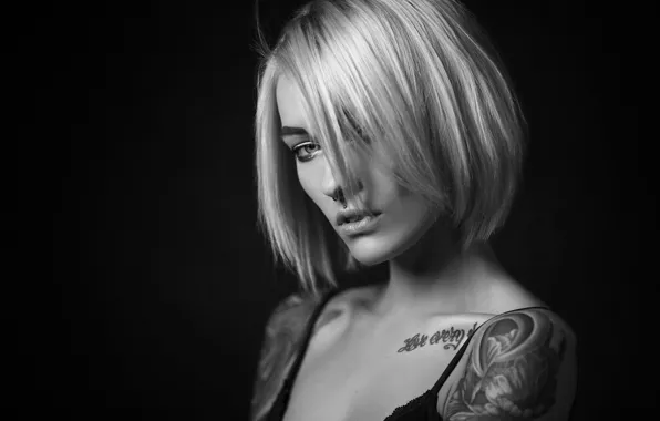 Picture black & white, girl, model, tatoo, piercing, blonde., Sasha Brink