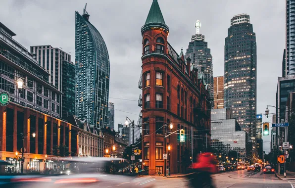 Picture the city, lights, movement, street, the evening, excerpt, Canada, Ontario, Toronto, street, Gooderham Building, Gooderham …