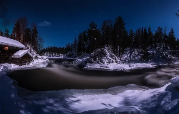 Picture cold, night, river, moonlight, Myllykoski rapids