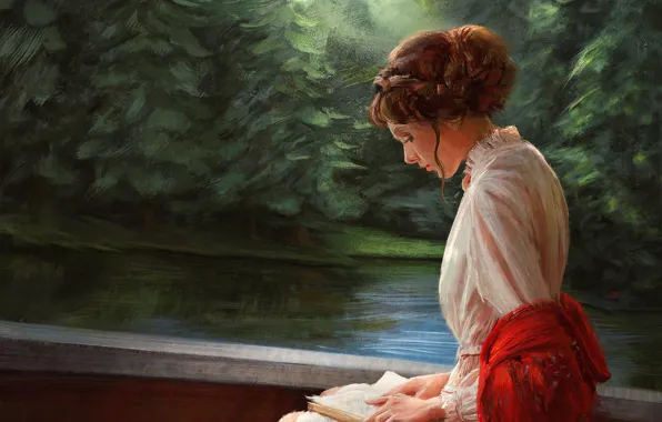 Picture girl, silence, hairstyle, book, river, white dress, art, nature, shawl, reading, Mandy Jurgens, spruce forest
