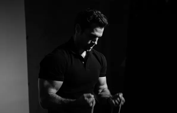 Picture t-shirt, actor, black and white, muscles, athlete, biceps, Henry Cavill, Henry Cavill, Men's Fitness, Felix