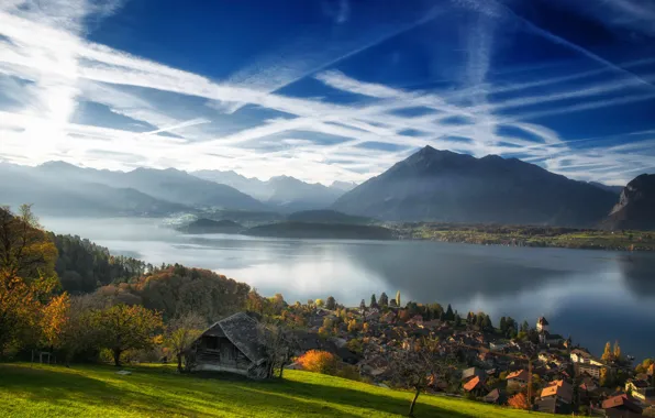 Picture autumn, clouds, mountains, lake, Switzerland, village, Switzerland, Lake Thun, Bernese Alps, The Bernese Alps, Lake …