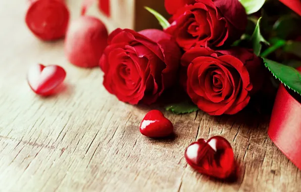 Picture love, flowers, roses, bouquet, hearts, red, red, love, wood, flowers, romantic, hearts, Valentine's Day, gift, …