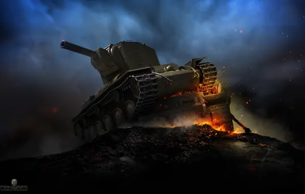 Picture night, fire, smoke, power, art, sparks, tank, armor, USSR, heavy, Soviet, KV-2, World of Tanks, …