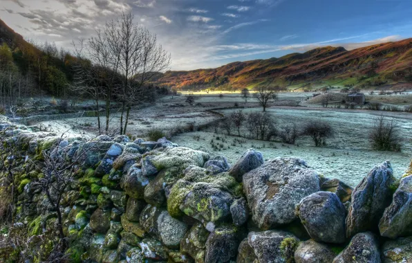 Picture winter, snow, trees, mountains, stones, hills, field, England, moss, HDR, valley, Cumbria, Lake District National …