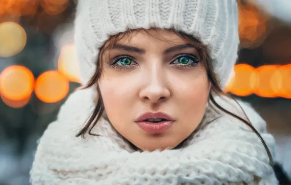 Picture winter, eyes, look, girl, hat, portrait, scarf, cold, bokeh, photos picture