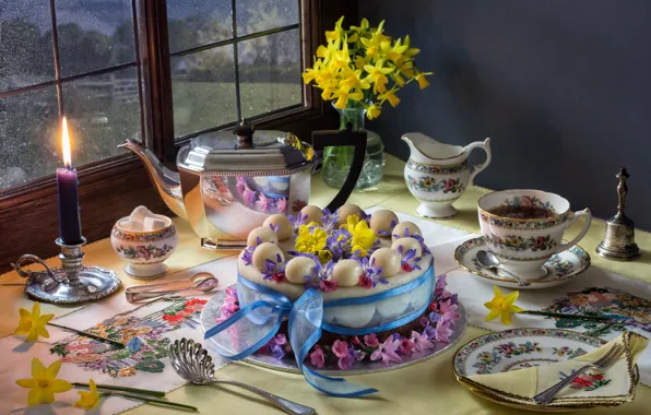 Picture flowers, tea, candle, bouquet, kettle, plate, Easter, the tea party, mug, Cup, cake, daffodils, serving
