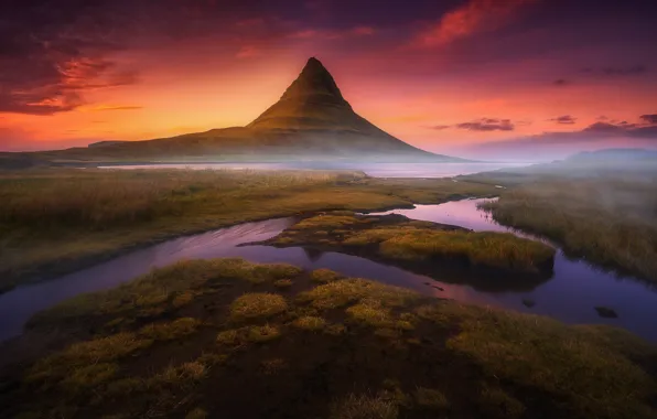 Picture water, light, mountain, the evening, morning, haze, Iceland