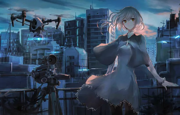 Picture the sky, girl, clouds, sunset, the city, home, anime, robots, art, the camera, ruins, swav-coco, …