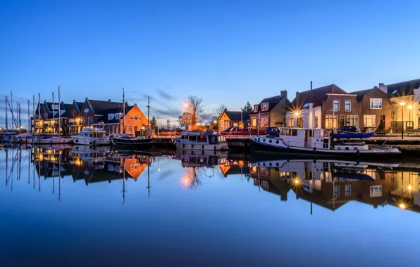 Picture night, lights, boat, home, yacht, Netherlands, harbour, Oude-Tonge