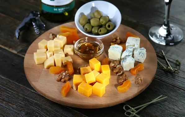 Picture cheese, honey, nuts, olives, appetizer, cuts, dried apricots