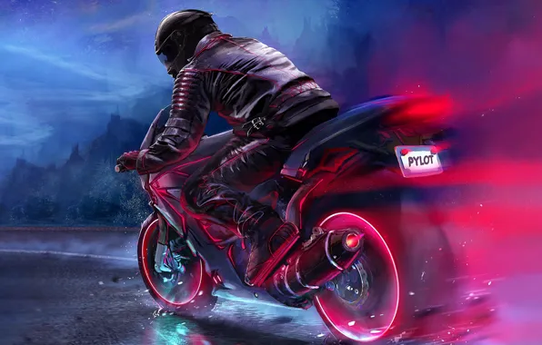 Picture Road, Neon, Motorcycle, Moto, Art, Electronic, Biker, Synthpop, Darkwave, Synth, Retrowave, Synthwave, Synth pop, Pylot