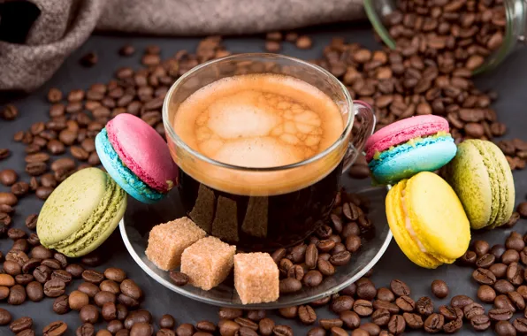 Picture coffee, grain, Cup, hot, cakes, cup, beans, coffee, dessert, macaron, macaron