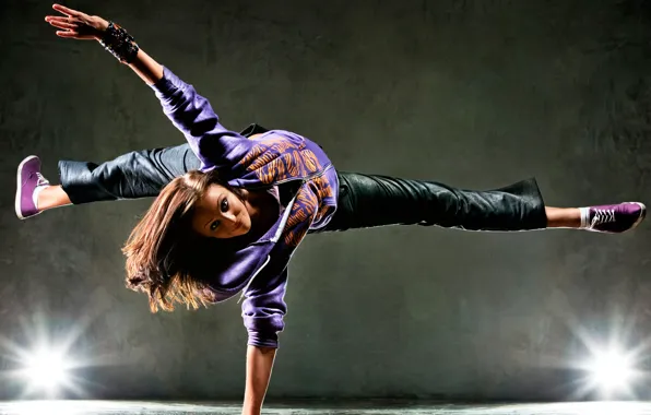 Picture girl, lights, pose, dance, brown hair, acrobatics