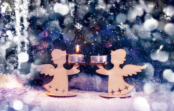 Picture snow, snowflakes, holiday, new year, candles, angels, tree, figures, bokeh