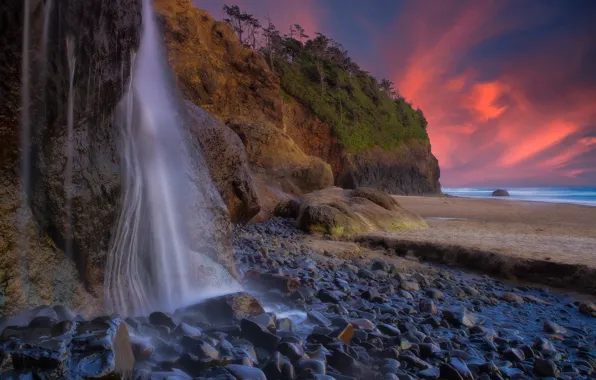 Picture sunset, stones, rocks, coast, waterfall, Oregon, Oregon, Pacific Ocean, The Pacific ocean, Hug Point Falls, …