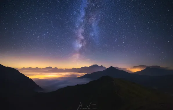 Picture the sky, stars, light, mountains, night, fog, the milky way