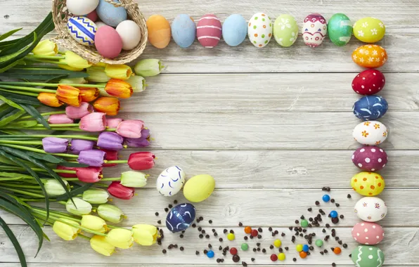 Picture flowers, eggs, spring, colorful, Easter, tulips, wood, flowers, tulips, spring, Easter, eggs, decoration, Happy