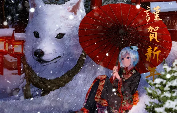 Picture girl, snow, dog, art, konkito