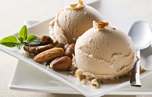 Picture ice cream, mint, dessert, nuts