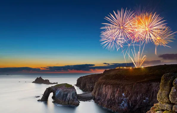 Picture sea, rocks, holiday, England, salute, fireworks, Cornwall, Land’s End