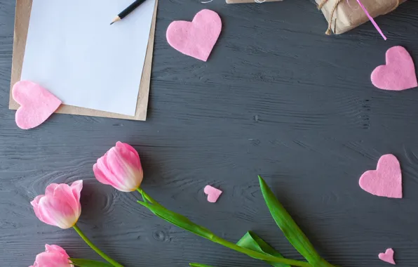 Picture flowers, gift, hearts, tulips, pink, wood, pink, flowers, romantic, hearts, tulips, gift, spring