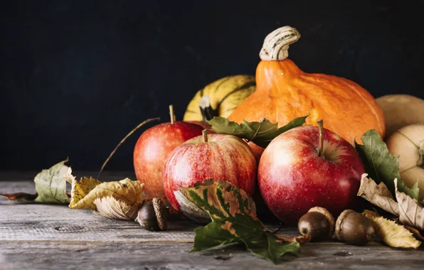 Picture autumn, leaves, apples, pumpkin, autumn fruits