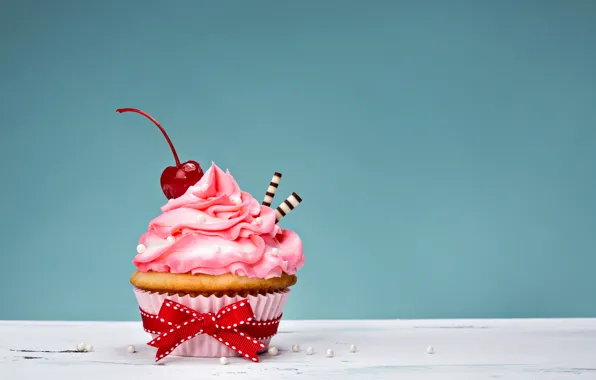 Picture bow, cake, cream, Happy Birthday, pink, sweet, cupcake, cupcake, cream, dessert