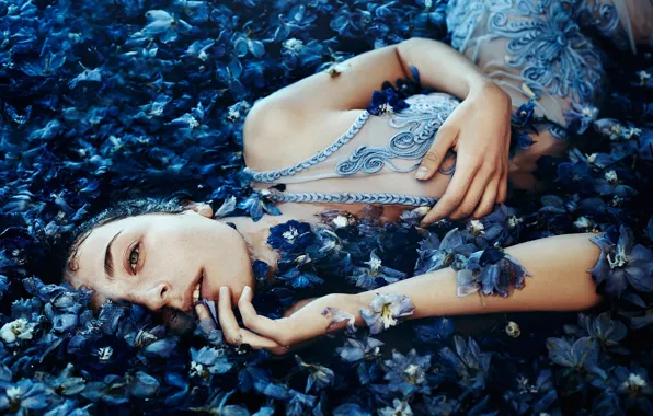 Picture look, girl, mood, petals, flowers, Bella Kotak, A sea of blue flowers, Ella Grace Denton