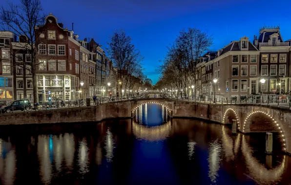 Picture night, bridge, lights, home, Amsterdam, channel, arch, Netherlands