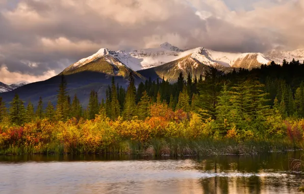 Picture autumn, forest, clouds, trees, mountains, lake, Canada, Albert, Banff National Park, Banff