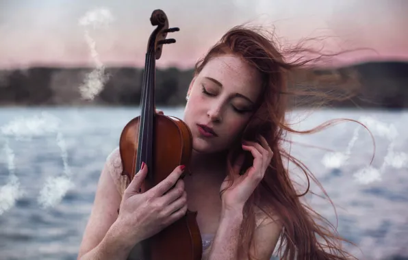 Picture sea, water, girl, nature, face, notes, music, background, the wind, violin, hair, portrait, hands, red, …