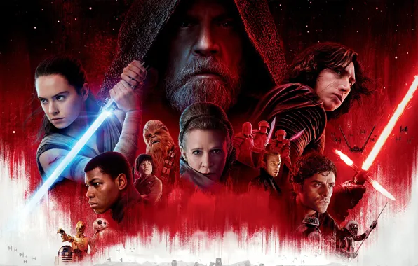 Picture red, background, fiction, collage, poster, lightsabers, Oscar Isaac, Oscar Isaac, Carrie Fisher, Adam Driver, Daisy …