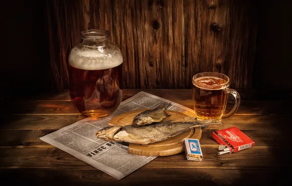 Picture glass, beer, matches, fish, mug, newspaper, Bank, still life, cigarette, salmon, roach, Prima